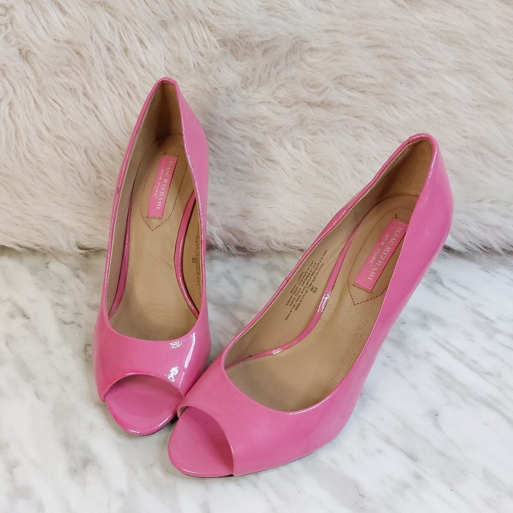 Issac Mizrahi New York Women's Pink Patent Leather High Heel Open Toe Sandals 8M